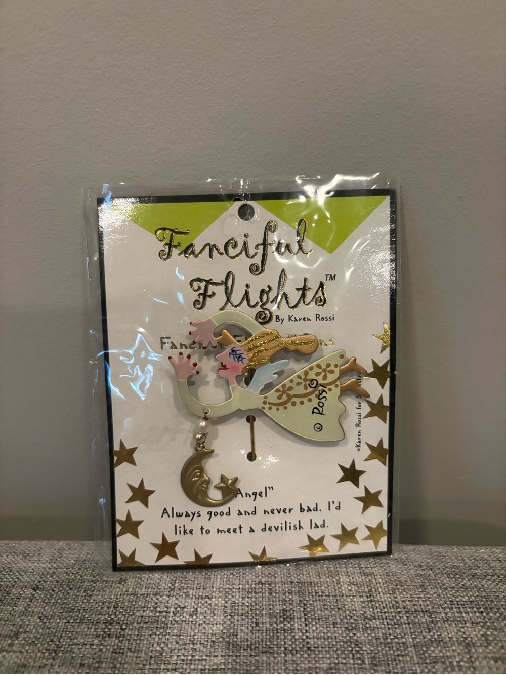 Vintage Fanciful Flights 'Angel' Moon Star Pin by Designer Karen Rossi (1990s)